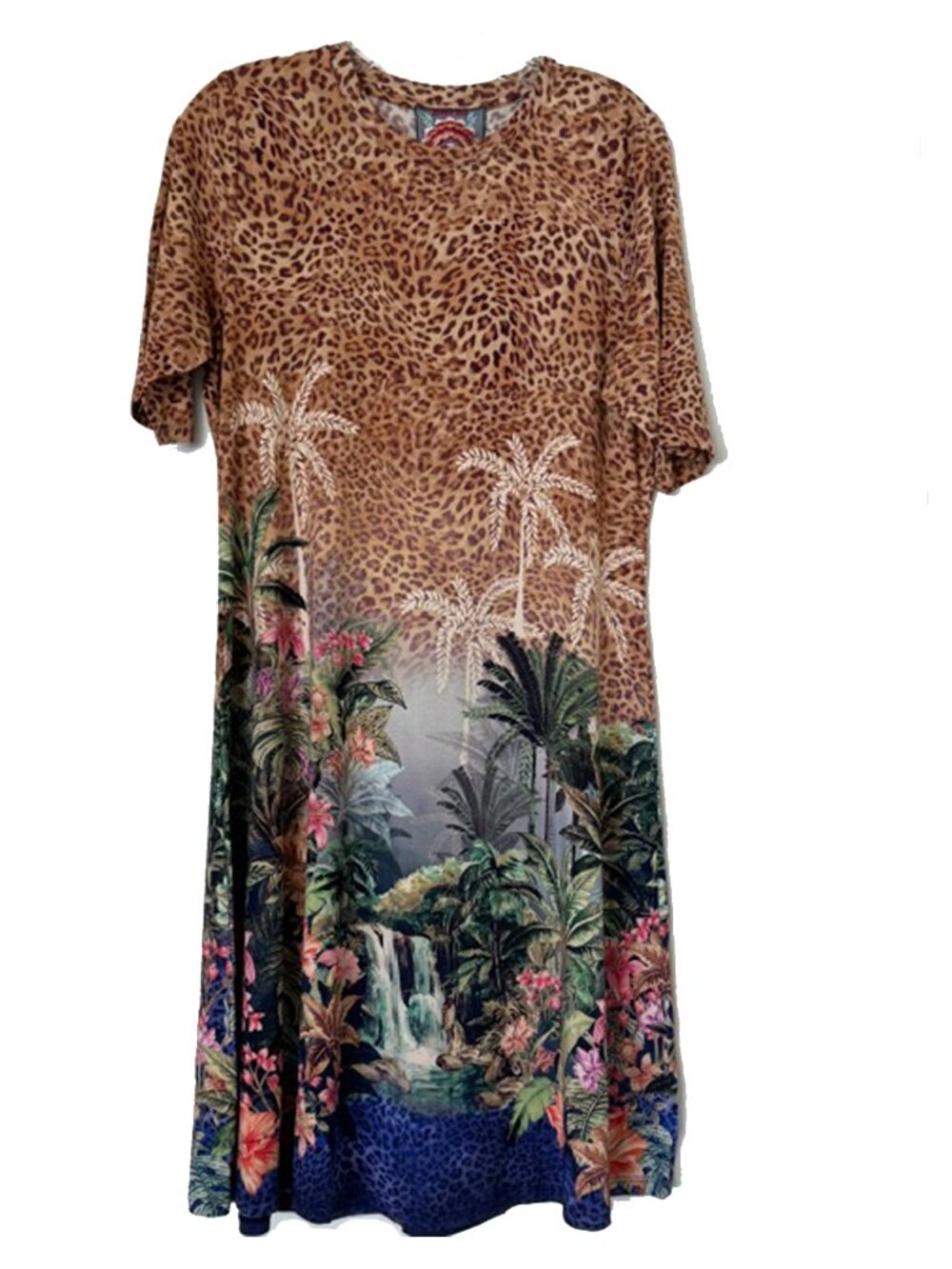 Johnny Was Janie Favorite Meghan Elbow Sleeve Crew Dress Floral Leopard Blue NEW